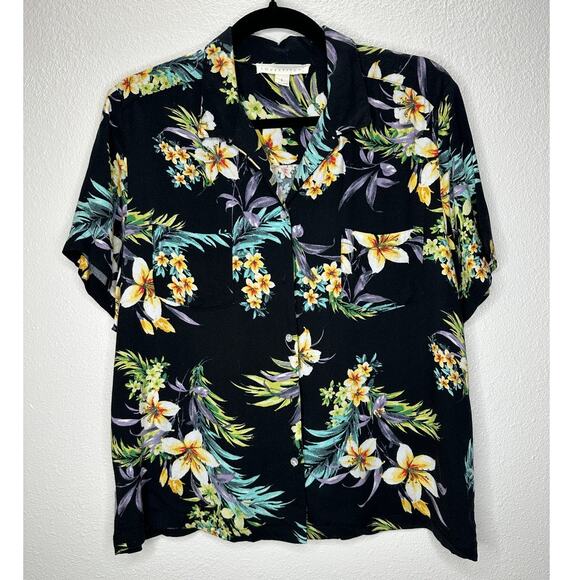 Lovestitch Black Teal Yellow Multi Short Sleeve Collared Button Hawaiian Shirt L - Picture 2 of 12